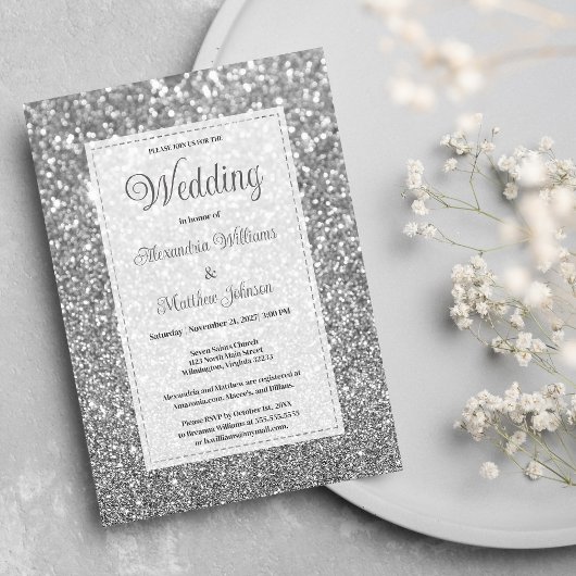 Luxury silver sparkly glitter glam Wedding  Einladung