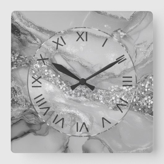 Luxury Silver & White Flowing Marble Quadratische Wanduhr (Vorderseite)