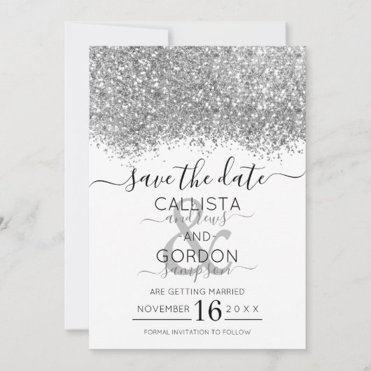Luxury Silver White Glitzer Confetti Wedding Save The Date (Vorderseite)