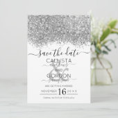 Luxury Silver White Glitzer Confetti Wedding Save The Date (Stehend Vorderseite)