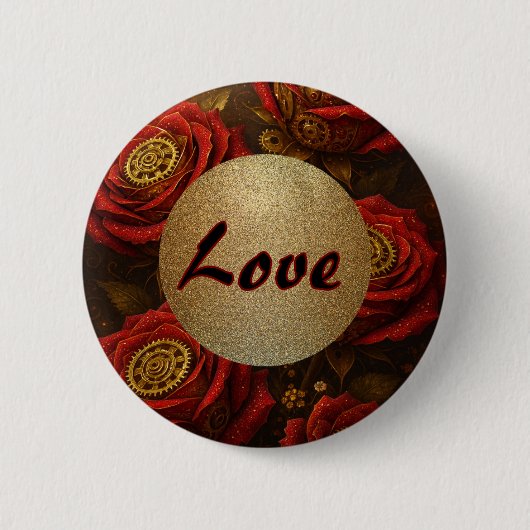 Luxury Steampunk Roses Romantic Gold Gears Button (Vorderseite)