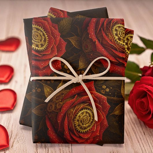 Luxury Steampunk Roses Romantic Gold Gears Geschenkpapier Set