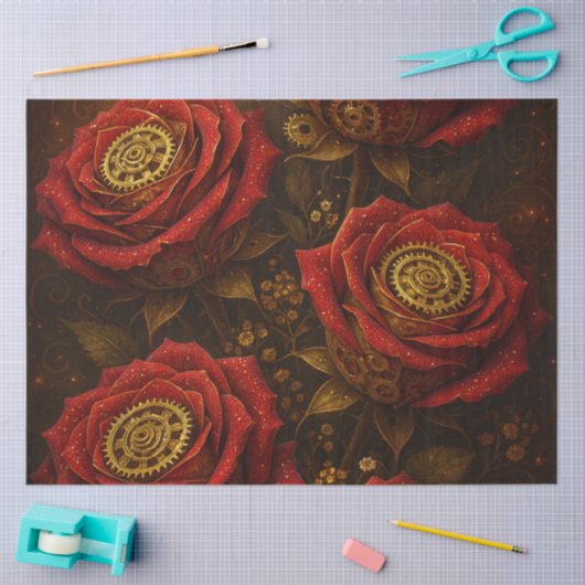 Luxury Steampunk Roses Romantic Gold Gears Seidenpapier (Basteln)