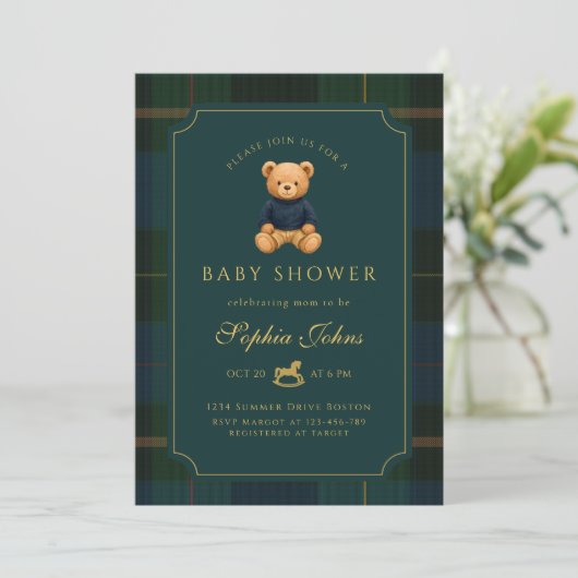 Luxury Teddy Bear baby shower Einladung (Stehend Vorderseite)