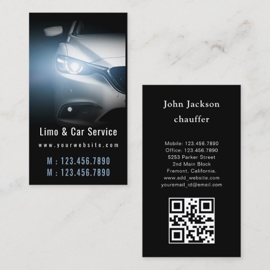 Luxury Transport Car QR Code Blue & Black Visitenkarte (Vorne/Hinten)