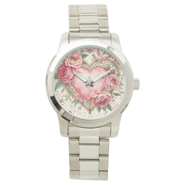 Luxury, Valentine Day ,Love Pink Heart and Flowers Armbanduhr (Vorderseite)