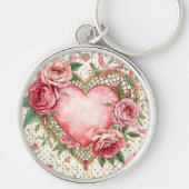 Luxury, Valentine Day ,Love Pink Heart and Flowers Schlüsselanhänger (Vorne)