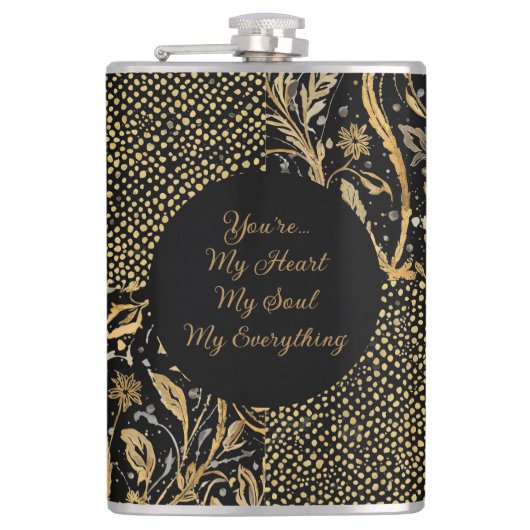 Luxury, Valentine's Day,Black Gold Florals ,Pixel  Flachmann (Vorderseite)