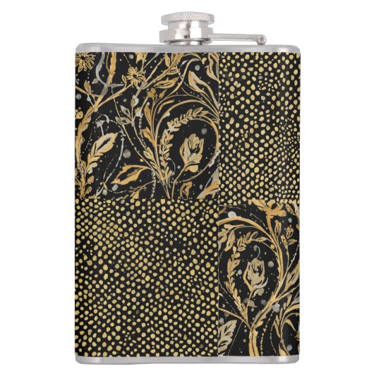 Luxury, Valentine's Day,Black Gold Florals ,Pixel  Flachmann (Rückseite)