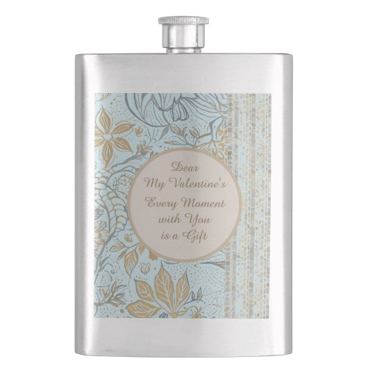 Luxury, Valentine's Day,Gold Soft Blue Flowers Art Flachmann (Vorderseite)