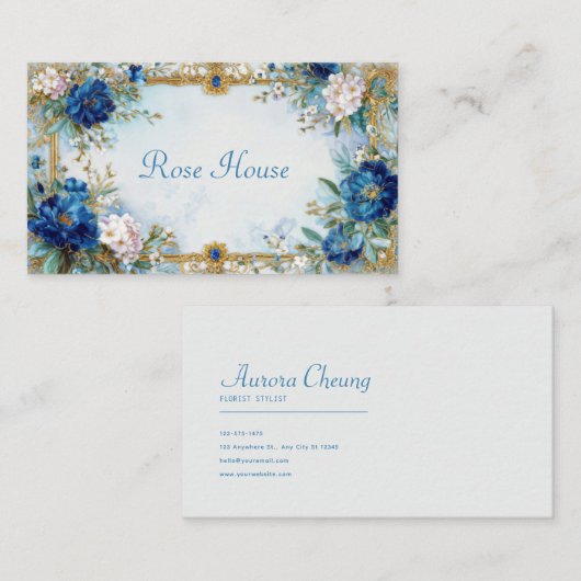 Luxury Victorian Blue Floral Ornate Gold Frame Visitenkarte (Vorne/Hinten)