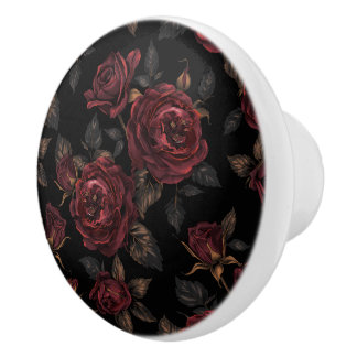 Luxury Vintage Botanical Black Rich Burgundy Roses Keramikknauf