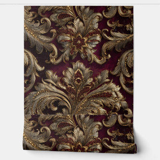 Luxury Vintage French Baroque Burgundy Gold Floral Tapete