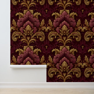 Luxury Vintage French Baroque Burgundy Gold Floral Tapete