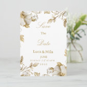 Luxury white and gold floral Save the Date Einladung (Stehend Vorderseite)