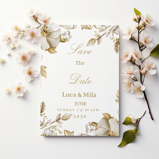 Luxury white and gold floral Save the Date Einladung
