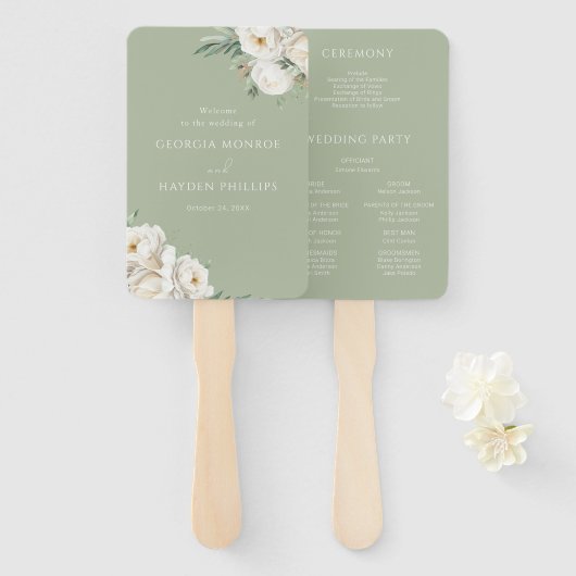 Luxury White Floral Premium Sage Wedding Program Fächer (Vorne und Hinten)