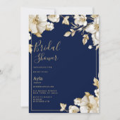 Luxury white gold floral navy blue Bridal Shower Einladung (Vorderseite)