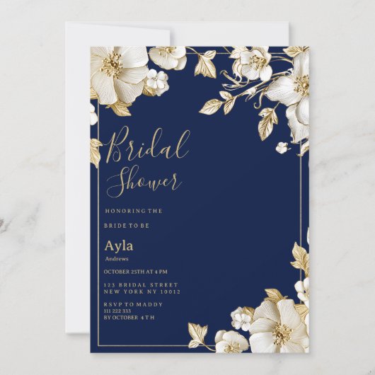 Luxury white gold floral navy blue Bridal Shower Einladung (Vorderseite)