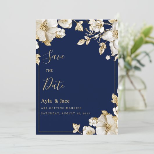 Luxury white gold floral navy blue Save the Date Einladung (Stehend Vorderseite)