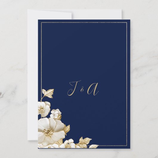 Luxury white gold floral navy blue Save the Date Einladung (Rückseite)