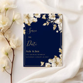 Luxury white gold floral navy blue Save the Date Einladung