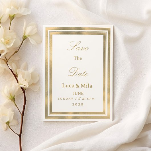 Luxury white gold geometric frame Save the Date  Einladung