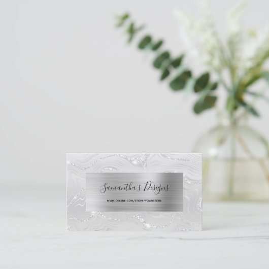 Luxury White Marble Agate Glam Silver Foil Visitenkarte (Stehend Vorderseite)