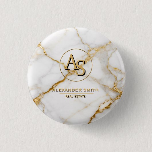 Luxury White Marble Gold Monogram Real Estate Button (Vorderseite)