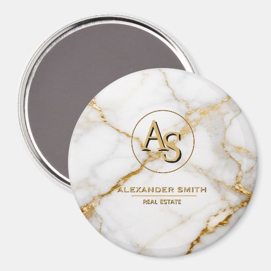 Luxury White Marble Gold Monogram Real Estate Magnet (Vorderseite/Rückseite)