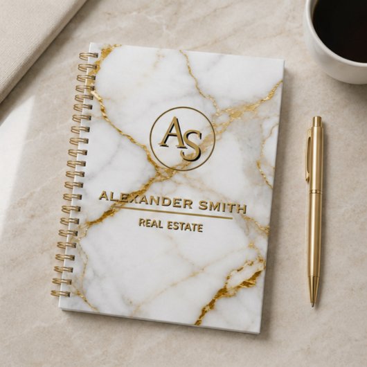 Luxury White Marble Gold Monogram Real Estate Planer