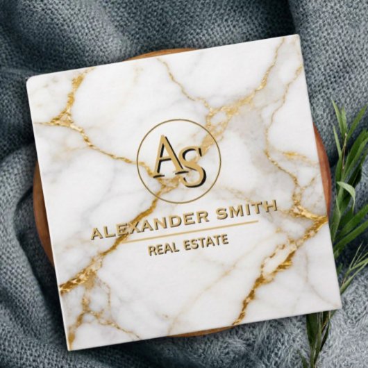 Luxury White Marble Gold Monogram Real Estate  Terminkarte