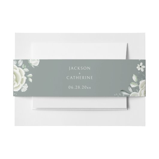 Luxury White Rose Sage Green Wedding Einladungsbanderole (Vorderseite Beispiel)