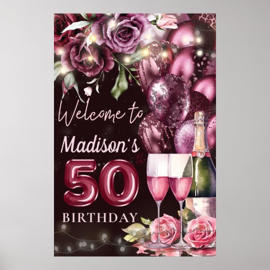 Luxury Wine Magenta 50th Birthday Welcome Sign Poster (Vorne)