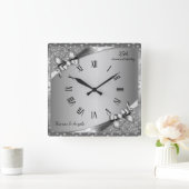 Luxus 25 Jahre Jubiläum Metallic Silver & Diamond Quadratische Wanduhr (Zuhause)