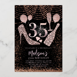Luxus 35. Geburtstag Glitzer Rose Gold Schwarz Folieneinladung