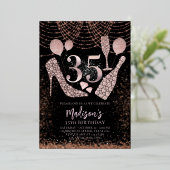 Luxus 35. Geburtstag Glitzer Rose Gold Schwarz Folieneinladung (Stehend vorne)