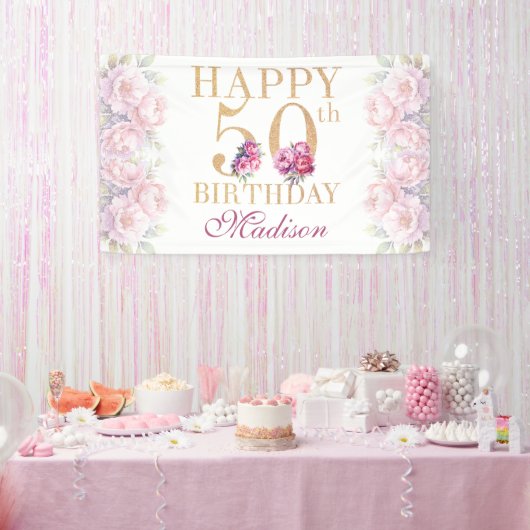 Luxus 50. Geburtstag Peonies Pink Gold Glitzer Banner (Party)