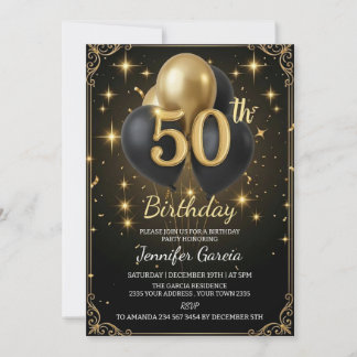 Luxus 50. Geburtstag Schwarz Gold Ballon Glitter Einladung