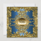 Luxus 50. Gold Blue Birthday Party Gold Blue Einladung (Vorderseite)