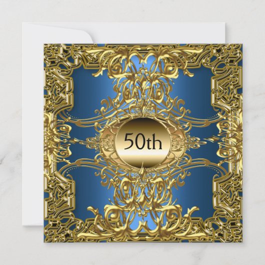 Luxus 50. Gold Blue Birthday Party Gold Blue Einladung (Vorderseite)