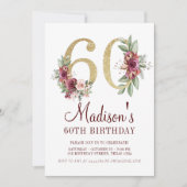 Luxus 60. Geburtstag Burgundy Gold Floral Einladung (Vorderseite)