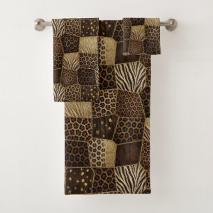 Luxus-African-Tierdruck   Dunkelbraun und Gold Badhandtuch Set