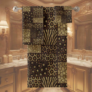 Luxus-African-Tierdruck Dunkelbraun und Gold Badhandtuch Set