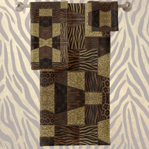 Luxus-African-Tierdruck Dunkelbraun und Gold Badhandtuch Set