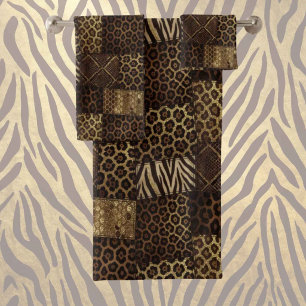Luxus-African-Tierdruck   Dunkelbraun und Gold Badhandtuch Set