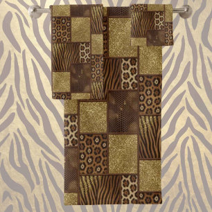 Luxus-African-Tierdruck Dunkelbraun und Gold Badhandtuch Set