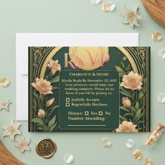 Luxus-Alphonse-Mucha-Vintage-Grün-Verzierte-Hochze RSVP Karte