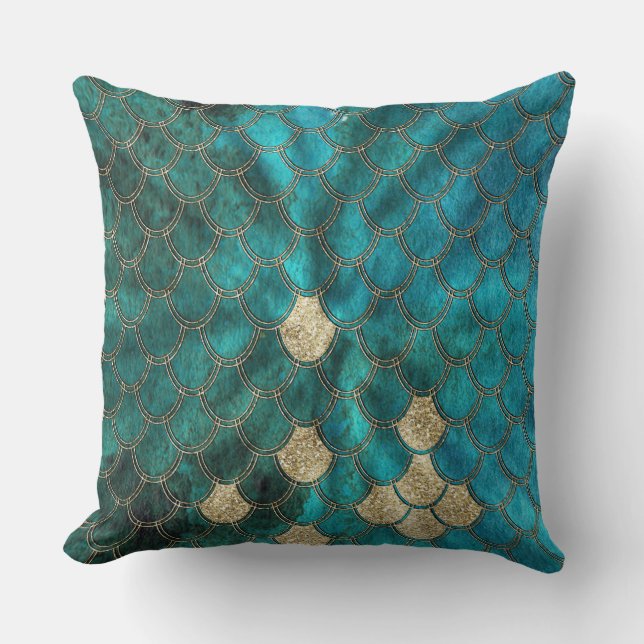 Luxus Aqua Green Mermaid Scales mit Gold Glitzer Kissen (Vorderseite)