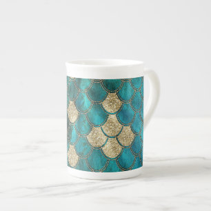 Luxus Aqua Green Mermaid Scales mit Gold Glitzer Porzellantasse